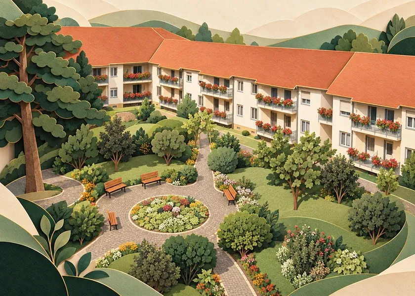 Ilustrație în straturi de hârtie a clădirilor și curții Asociației Dr. Carl Wolff.