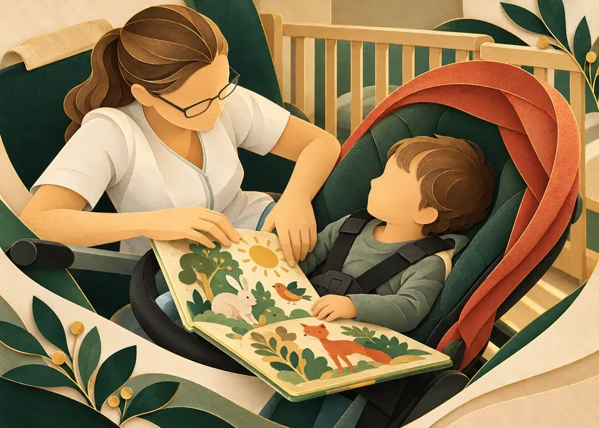 Layered paper illustration of a caregiver reading a picture book with a child in the hospice.