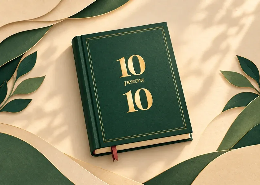 Ilustrație a cărții „10 pentru 10”, cu o copertă verde și detalii aurii între straturi de hârtie.